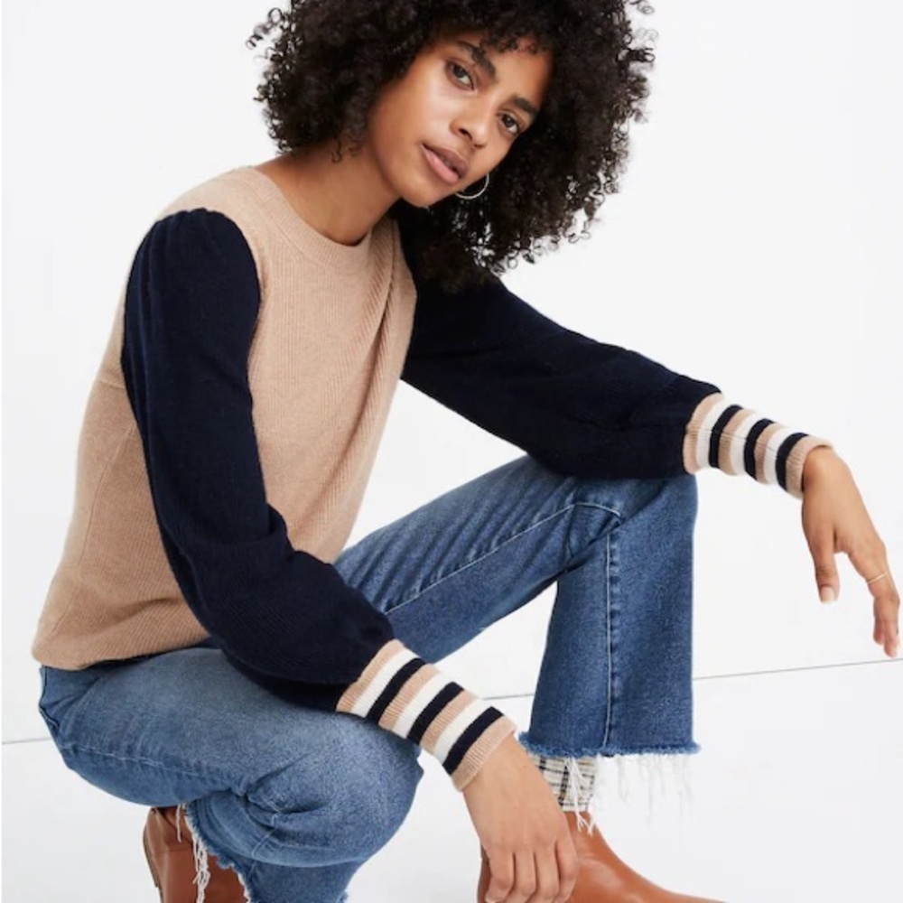 Madewell Size 2XL Baybrook Pullover‎ Sweater Dark Indigo Tan Puff Shoulder